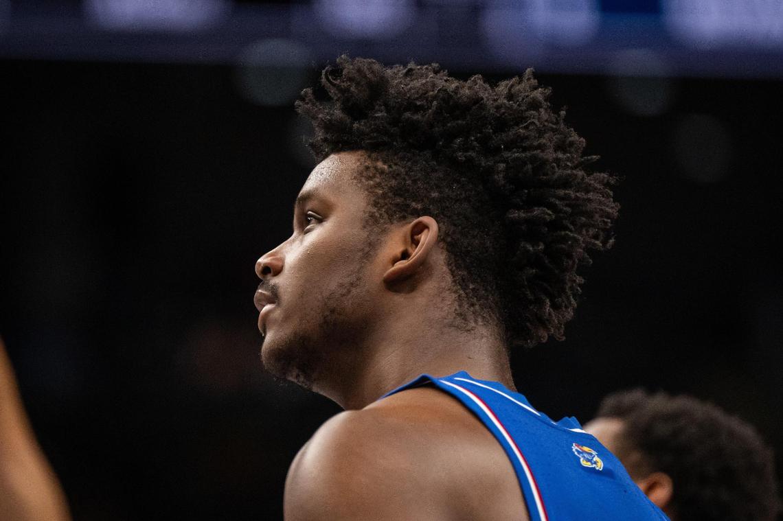 Kansas Jayhawks forward KJ Adams looks into the crowd late in the second half during a Big 12 Championship quarterfinals loss vs. the Arizona Wildcats on Thursday, March 13, 2025 at T-Mobile Center. The Jayhawks fell by 11 to the Wildcats.