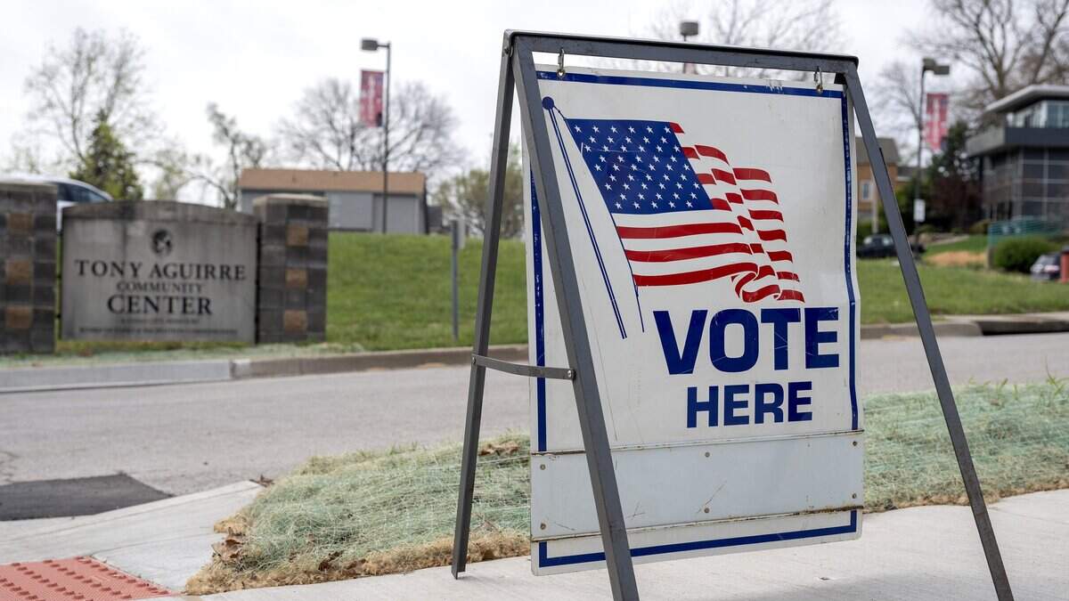 A voting banner sits outside of the Tony Aguirre Community Center during Election Day on Tuesday, April 7, 2026, in Kansas City.