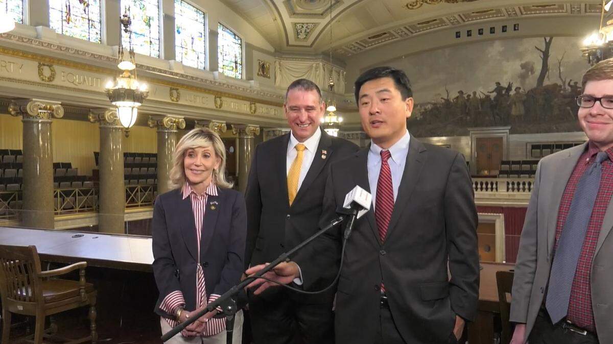 Missouri House Majority Leader Jonathan Patterson, a Lee’s Summit Republican, talks with reporters after lawmakers passed a bill to block a controversial Kansas City landfill proposal.