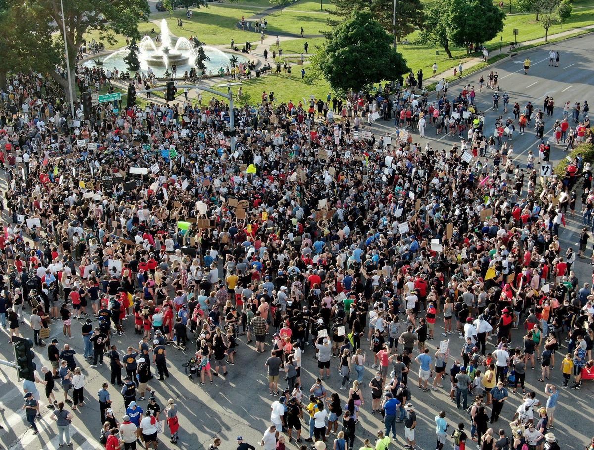 Kansas City police advertised a unity march from Warwick Avenue and Emanuel Cleaver II Boulevard at Southmoreland Park to the Country Club Plaza that included city officials, pastors, churches and community leaders Wednesday, June 3, 2020. Kansas City police chief Rick Smith announced that funding had been found for body cameras. For the sixth night, protesters came out to the Country Club Plaza to protest police brutality and the death of George Floyd. A Black Lives Matter counter-protest met the marchers at Mill Creek Park.