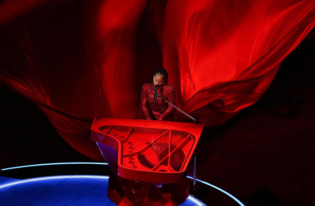 Alicia Keys performs as part of the halftime show at Super Bowl LVIII, Sunday, Feb. 11, 2024, in Las Vegas.
