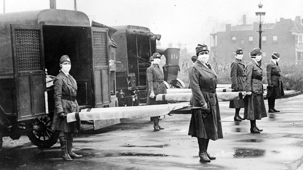 Red Cross nurses practiced carrying a stretcher in St. Louis to aid those hit by the 1918 influenza pandemic. St. Louis city leaders quickly shut down businesses to lessen the impacts of the flu and fared much better than Kansas City, which had a keep-businesses-open approach.