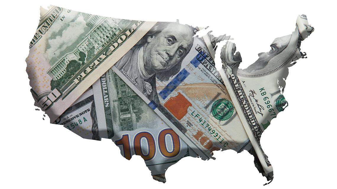 Various Dollar notes over U.S contour map national debt united states money budget crisis