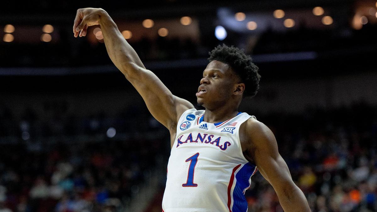 Kansas guard Joseph Yesufu (1) watches a shot attempt during a first-round college basketball game against Howard in the NCAA Tournament Thursday, March 16, 2023, in Des Moines, Iowa.