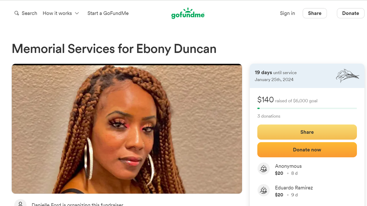 A GoFundMe page has been created by the family of Ebony Duncan, a 44-year-old mom of three who was reported missing and later found dead in south Kansas City. The fundraiser is to help with the cost of services.