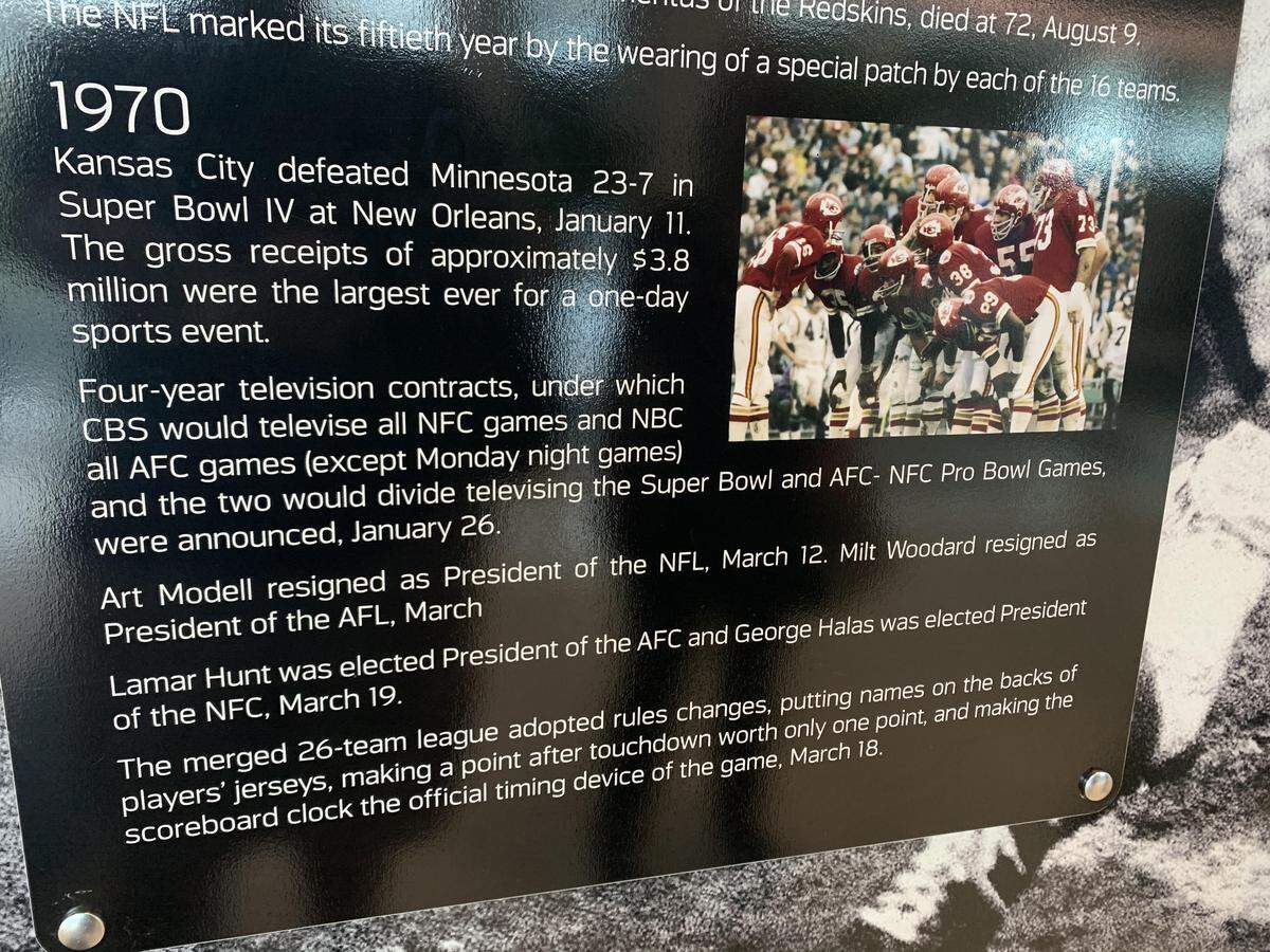 The Chiefs’ Super Bowl IV victory over the Vikings is commemorated in a chronological exhibit showcasing milestone NFL moments at the Super Bowl Live fan-fest inside the Miami Beach Convention Center.
