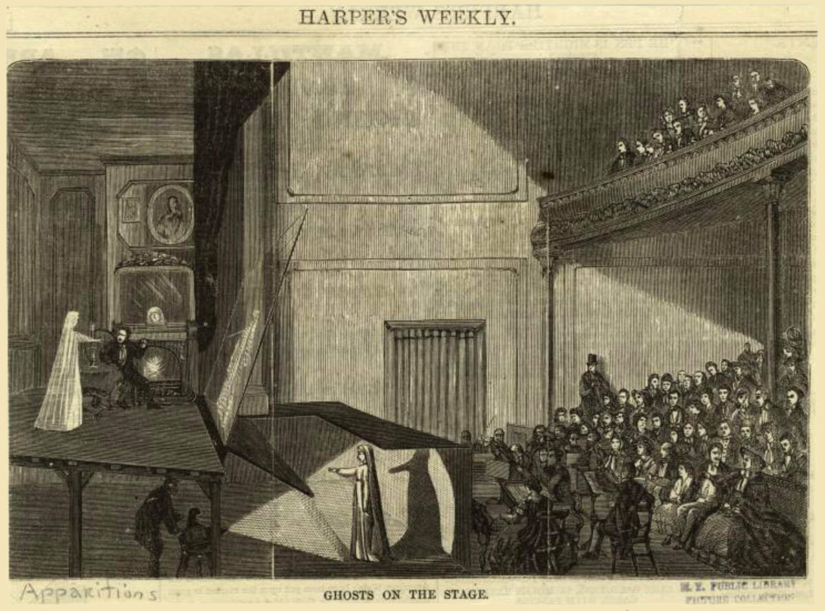 An illustration in Harper’s Weekly demonstrating how a false image of a ghost could be projected from below.