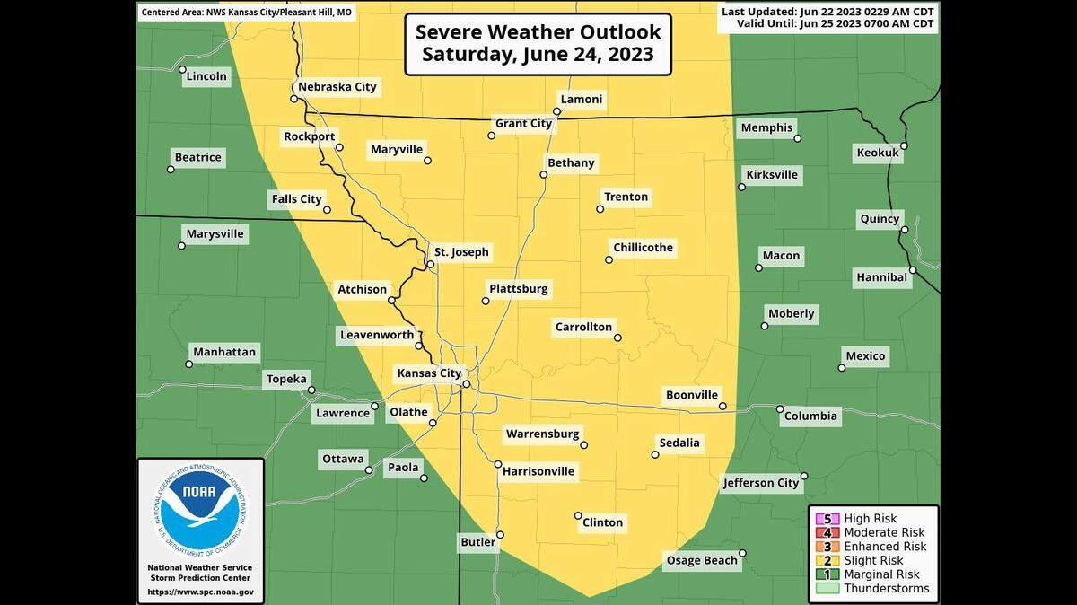 Severe weather is possible this weekend in Kansas City. The primary threat from severe thunderstorms is strong gusty winds and large hail of one inch in diameter or greater, according to the National Weather Service. There is a low, conditional threat of a tornado.