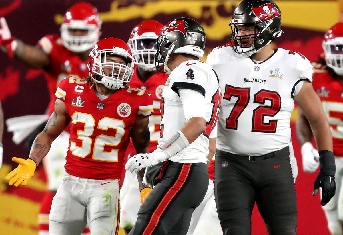 Kansas City Chiefs strong safety Tyrann Mathieu yells at Tampa Bay Buccaneers quarterback Tom Brady in the second quarter after Brady got in his face after a play Sunday, February 7, 2021, at Super Bowl LV at Raymond James Stadium in Tampa, Florida.