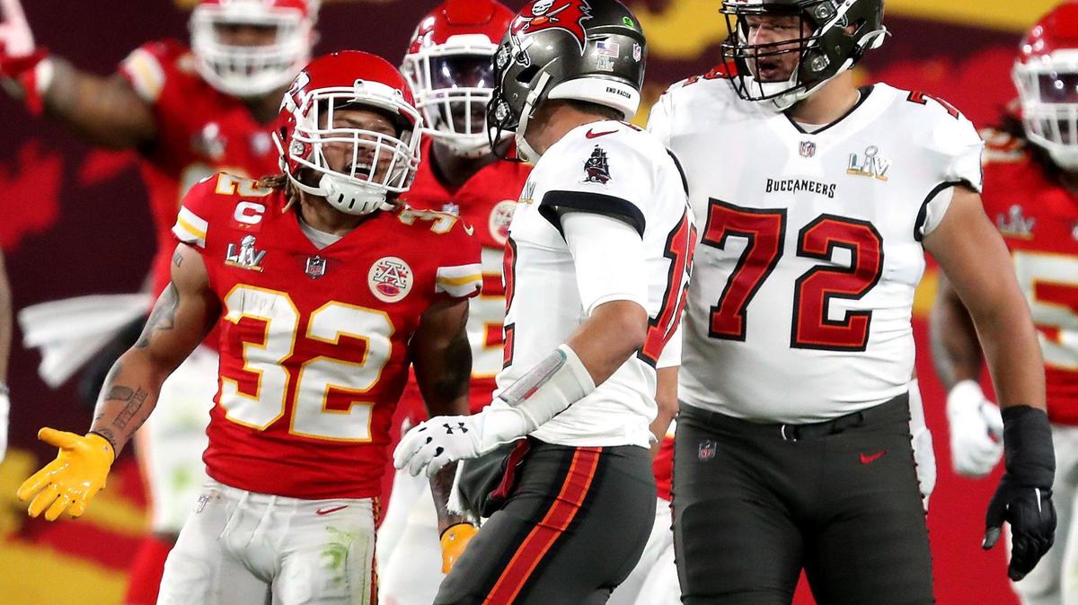 Kansas City Chiefs strong safety Tyrann Mathieu yells at Tampa Bay Buccaneers quarterback Tom Brady in the second quarter after Brady got in his face after a play Sunday, February 7, 2021, at Super Bowl LV at Raymond James Stadium in Tampa, Florida.