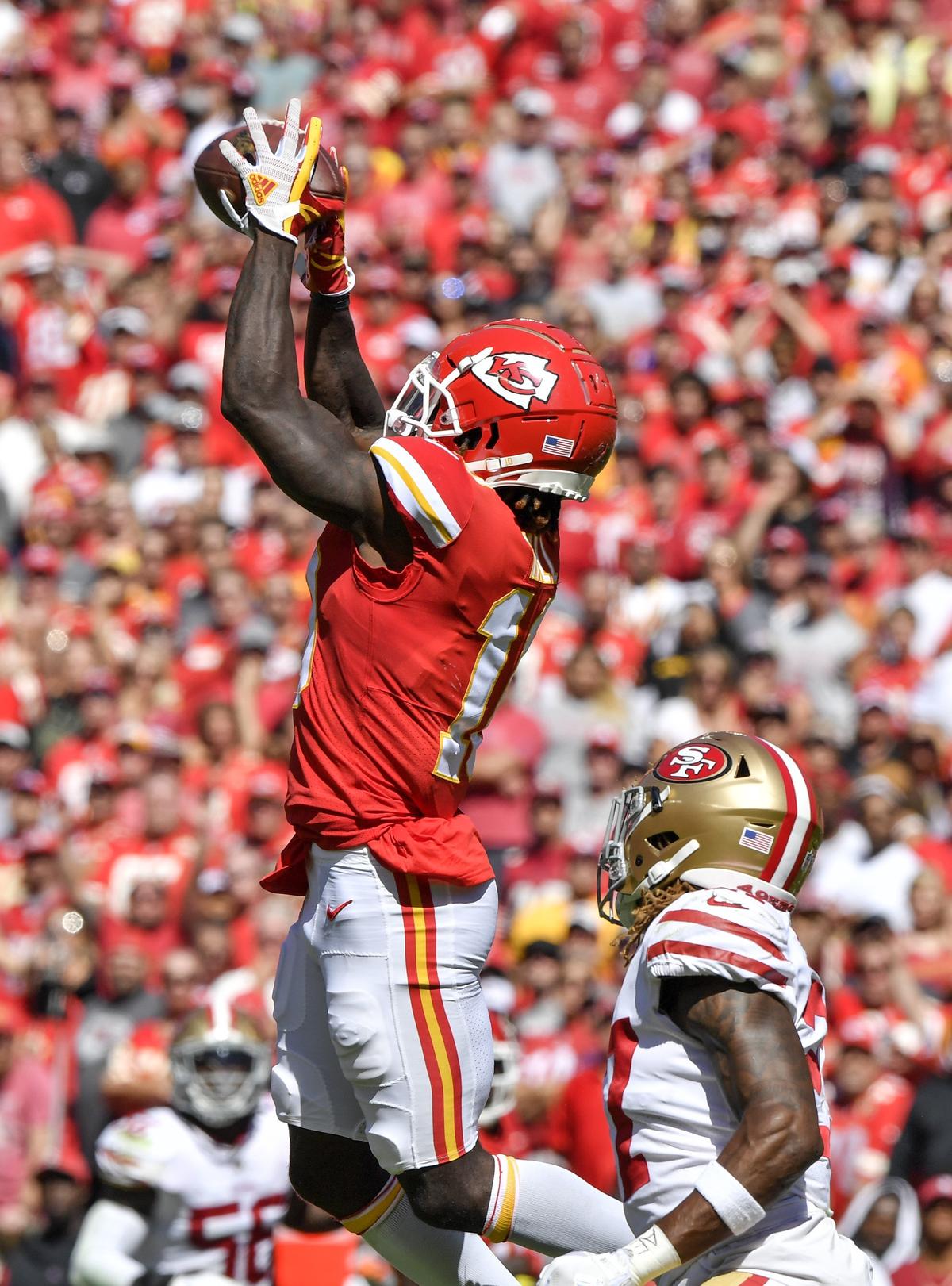 Kansas City Chiefs wide receiver Tyreek Hill jumped high to make a catch over the defense of San Francisco 49ers defensive back Adrian Colbert in the second quarter during Sunday’s football game on September 23, 2018 at Arrowhead Stadium in Kansas City, Mo.