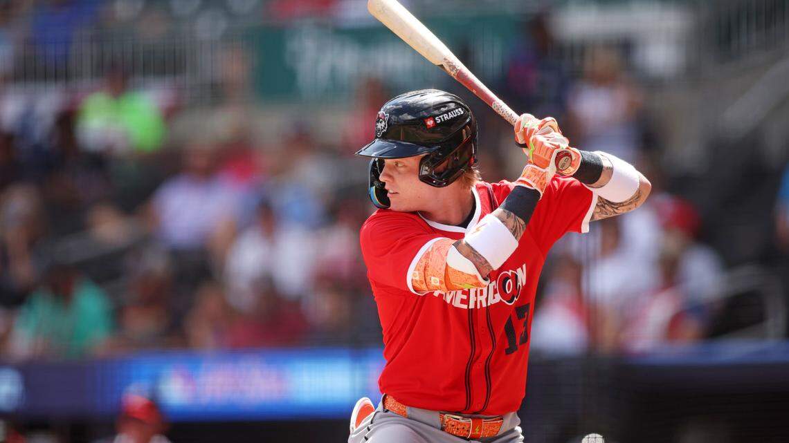 Royals prospect Carter Jensen, who played at Park Hill High School, batted during the first inning against National League in the MLB All-Star Futures Game at Truist Park on Saturday.