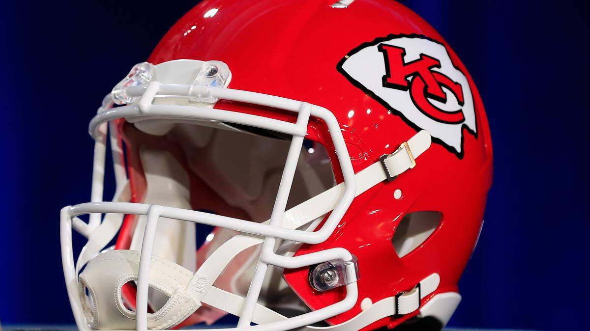 A Kansas City Chiefs helmet is displayed prior to a news conference at the Hilton Miami Downtown on January 29, 2020 in Miami, Florida.