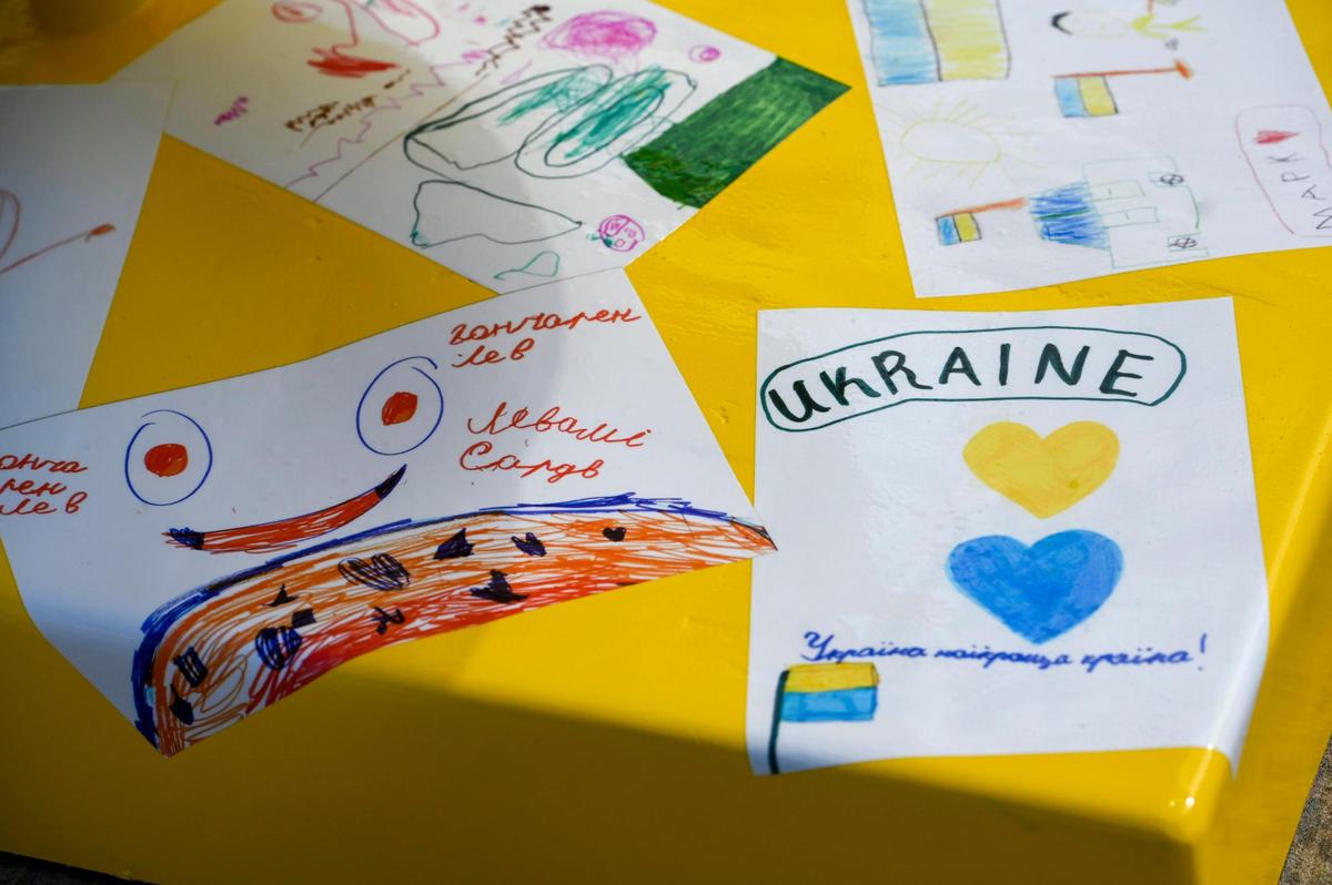 A heart in support of the Ukrainian people was unveiled Thursday, April 28, 2022, at the National World War I Museum and Memorial in Kansas City. The heart features the artwork of displaced Ukrainian children, who are now in a refugee center in Romania.