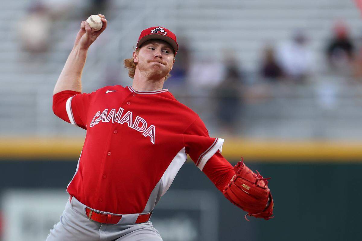 Eric Cerantola #61 of Team Canada delivers a pitch against the Team Cuba in the ninth inning during the 2026 World Baseball Classic at Hiram Bithorn Stadium on March 11, 2026 in San Juan, Puerto Rico.