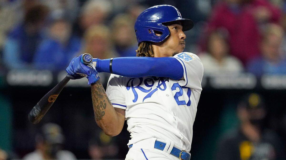 Kansas City Royals’ Adalberto Mondesi hits a two-run home run during the fifth inning of a baseball game against the Pittsburgh Pirates Monday, May 31, 2021, in Kansas City, Mo. (AP Photo/Charlie Riedel)