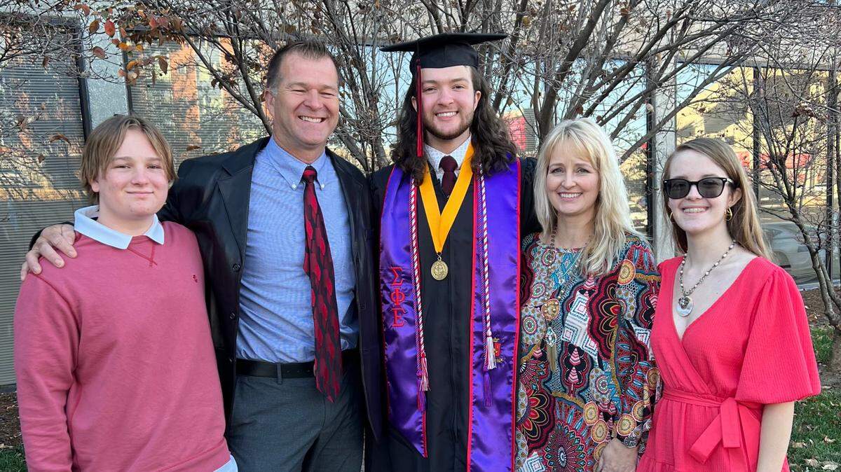 R.J. Appleberry and family at his graduation from the University of Central Missouri in fall 2021. From left: Robby Appleberry, Robert Appleberry, R.J. Appleberry, Rachelle Appleberry, and Ashley Appleberry.