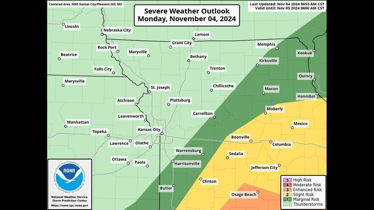 Showers and thunderstorms are likely across the Kansas City area on Monday. The National Weather Service said some of the storms could be strong to severe with the potential of producing damaging winds and a tornado or two. The areas at the greatest threat of severe weather is south and east of the Kansas City, generally east of a line stretching from Moberly, through Sedalia to Clinton.