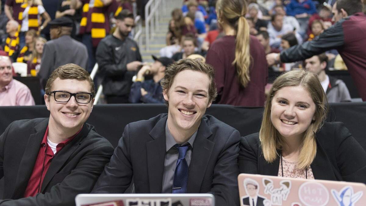 Nick Schultz (from left), Henry Redman and Hayley Spitler have been covering Loyola-Chicago's NCAA Tournament run, including the Ramblers' games in Atlanta during the second weekend of the tournament.