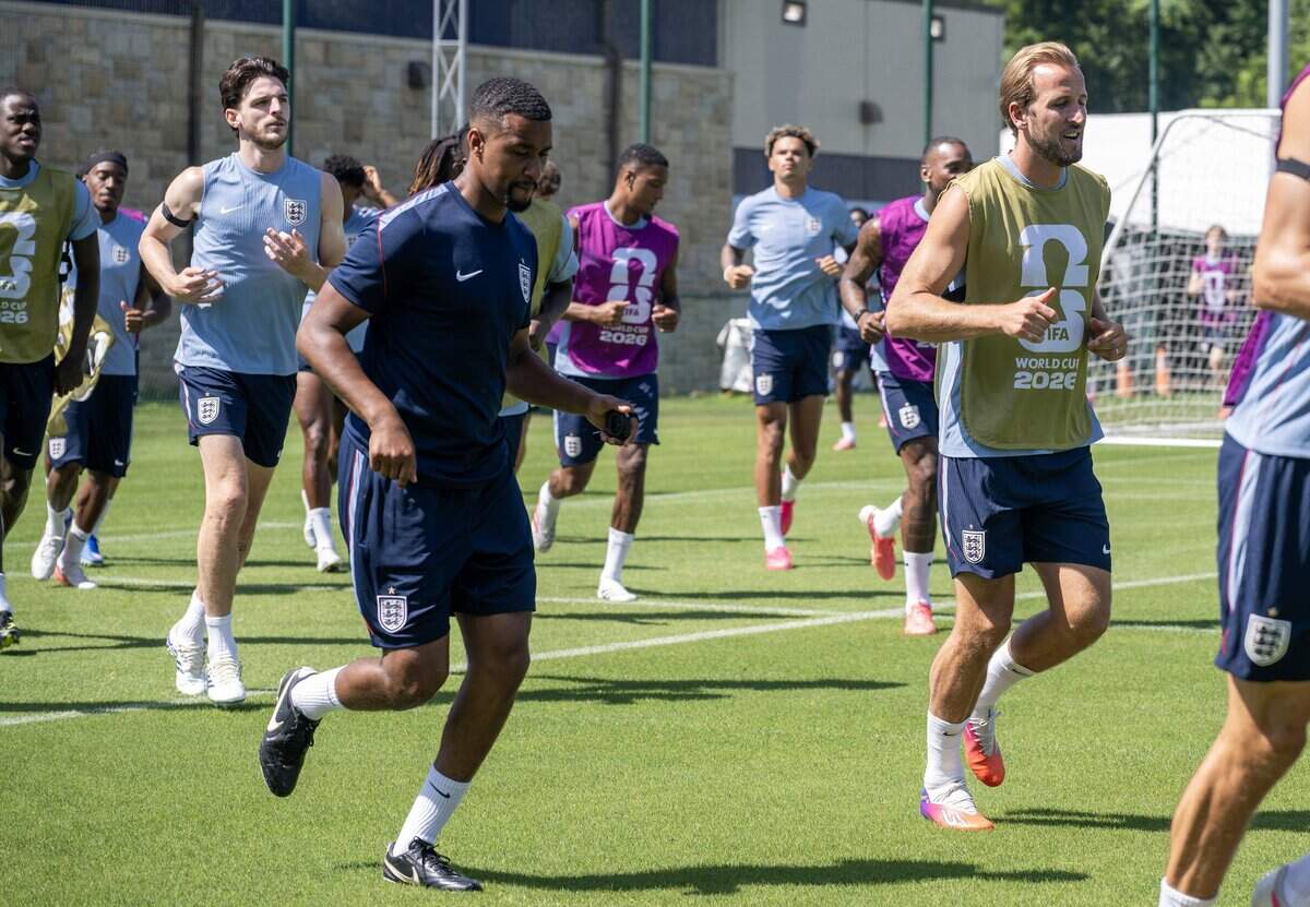 Members of the England national soccer team run a lap around the pitch during England's final practice at Swope Soccer Village on Friday, July 17, 2026, in Kansas City.