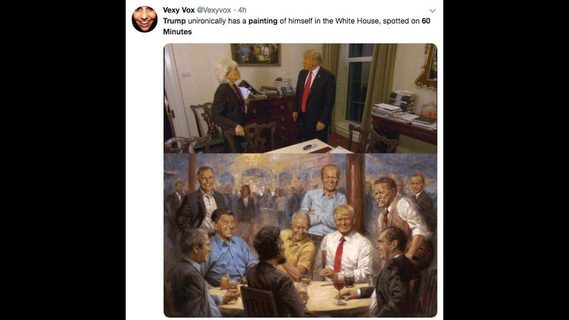 A Trump portrait seen hanging on a White House wall during his interview with “60 Minutes” grabbed a bit of attention. The painting shows Trump and other Republican presidents - including Reagan and Lincoln - hanging out with drinks around a table.