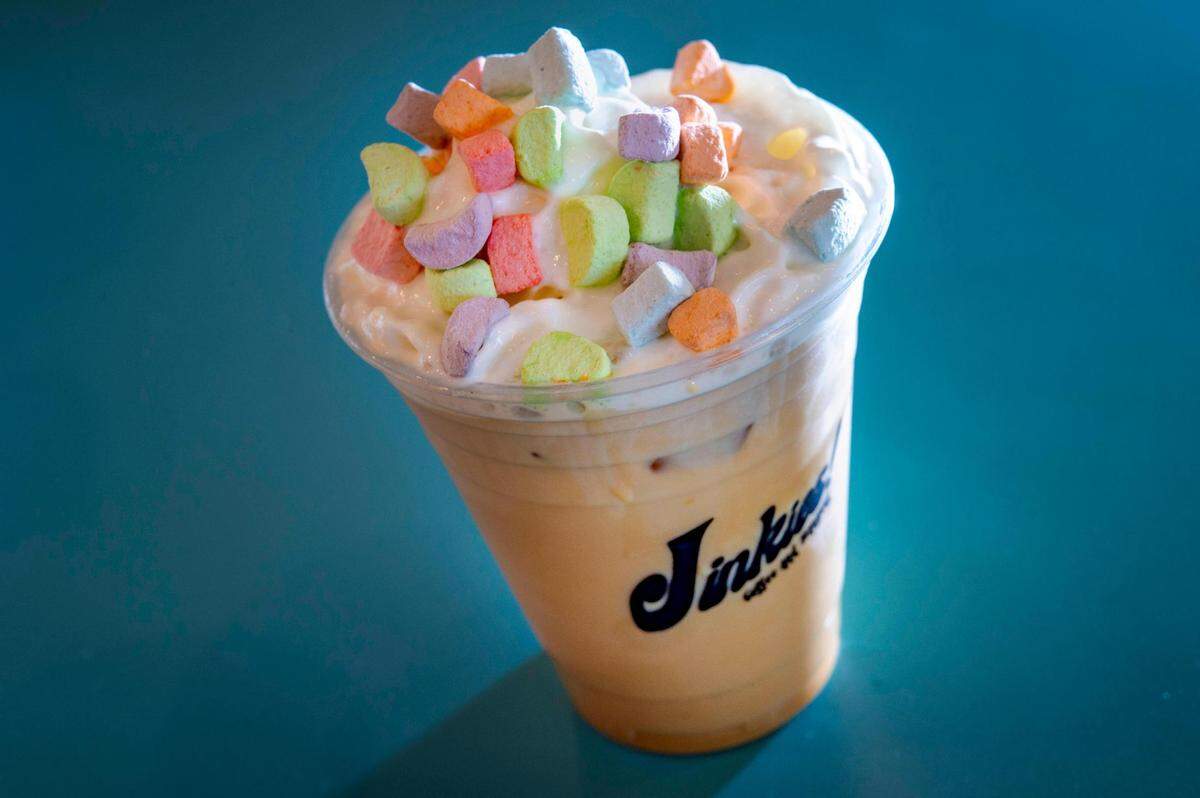 On the menu at Jinkies Coffee and Hangout: Charm-A-Licious cereal milk latte, complete with Lucky Charms marshmallows.