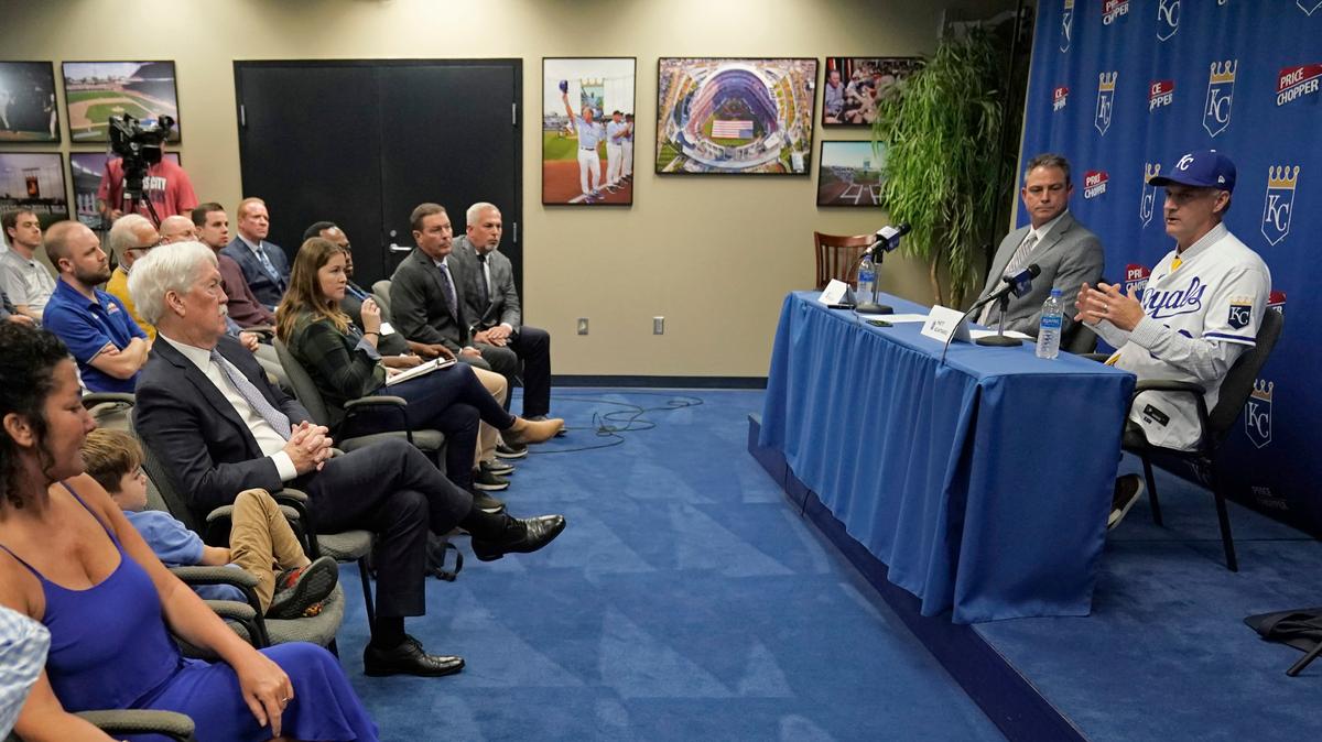 Matt Quatraro, right, talks to the media during a press conference announcing him as the new manager of the Kansas City Royals on Nov. 3, 2022.