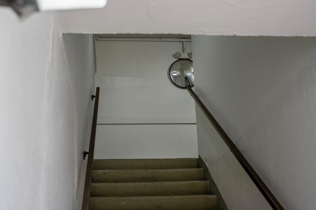 Mirrors to help with security on the Country Club Plaza have been placed at the top of stairwells and at blind corners.