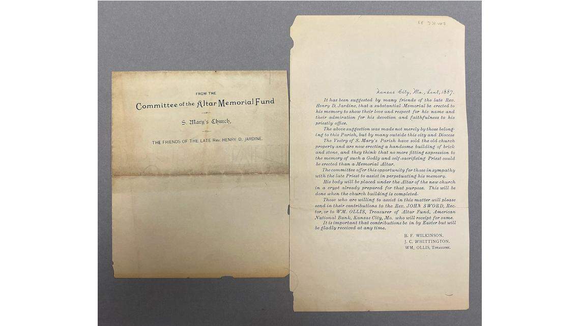 Letter announcing the creation of a memorial fund with the goal of laying Jardine’s remains to rest beneath the altar of the new St. Mary’s Church building at 13th and Holmes, 1887.