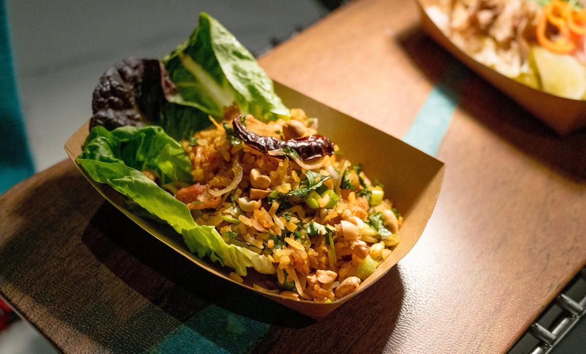 Waldo Thai’s Kow Tord Nam Sod: tossed crispy rice, cured pork sausage, peanuts and Thai chile wrapped in lettuce. 