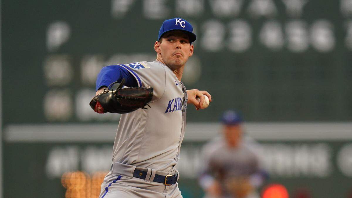 Kansas City Royals starting pitcher Cole Ragans (55) throws a pitch against the Boston Red Sox in the first inning at Fenway Park on Aug. 7, 2023.