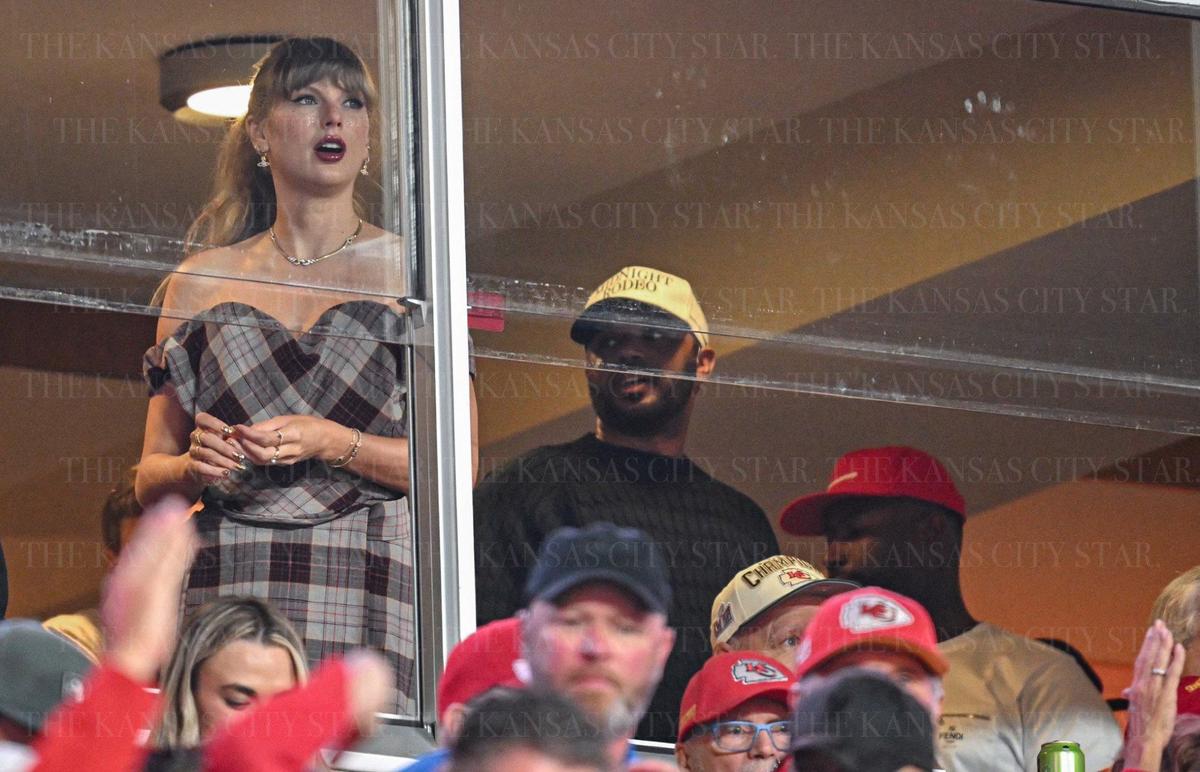 Pop superstar Taylor Swift watches the Kansas City Chiefs play the New Orleans Saints from a suite on Monday, Oct. 7, 2024, at GEHA Field at Arrowhead Stadium.