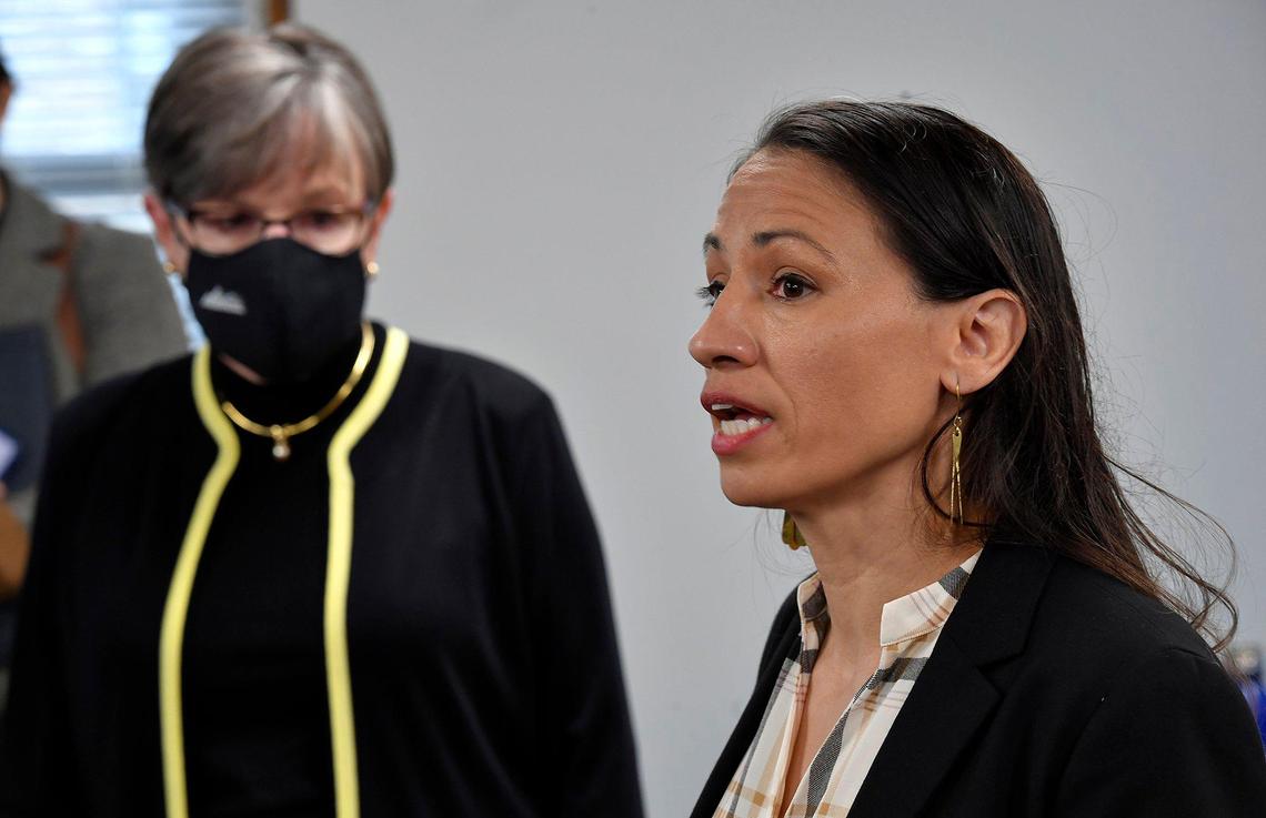 Kansas Gov. Laura Kelly, left, and U.S. Rep. Sharice Davids spoke Wednesday at Health Partnership Clinic in Olathe to push for Medicaid expansion in Kansas. Kelly said expansion creates jobs, supports a healthy workforce and improves rural hospitals’ bottom lines.