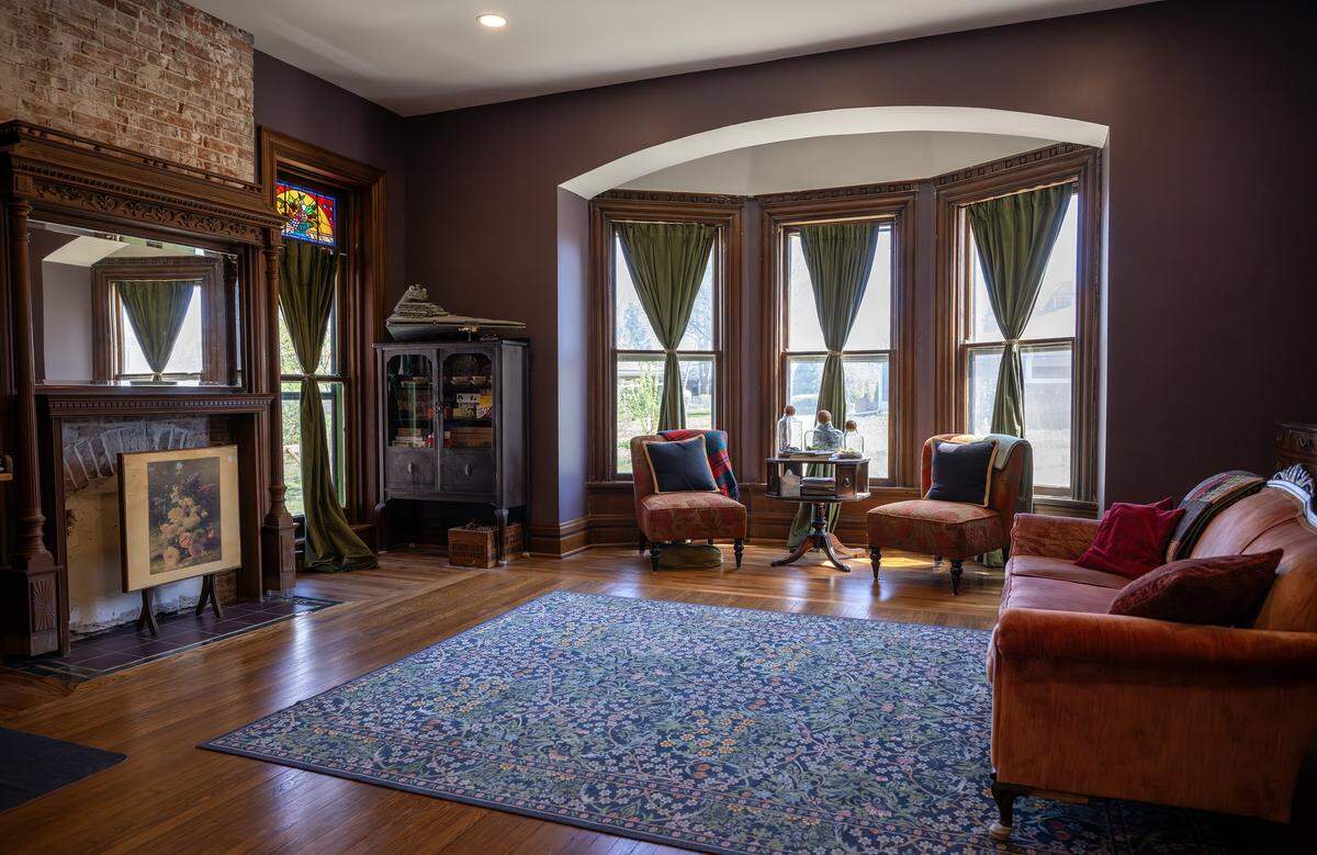 Bayview windows illuminate a sitting area at the Bezanson family home on Wednesday, April 8, 2026, in Kansas City.