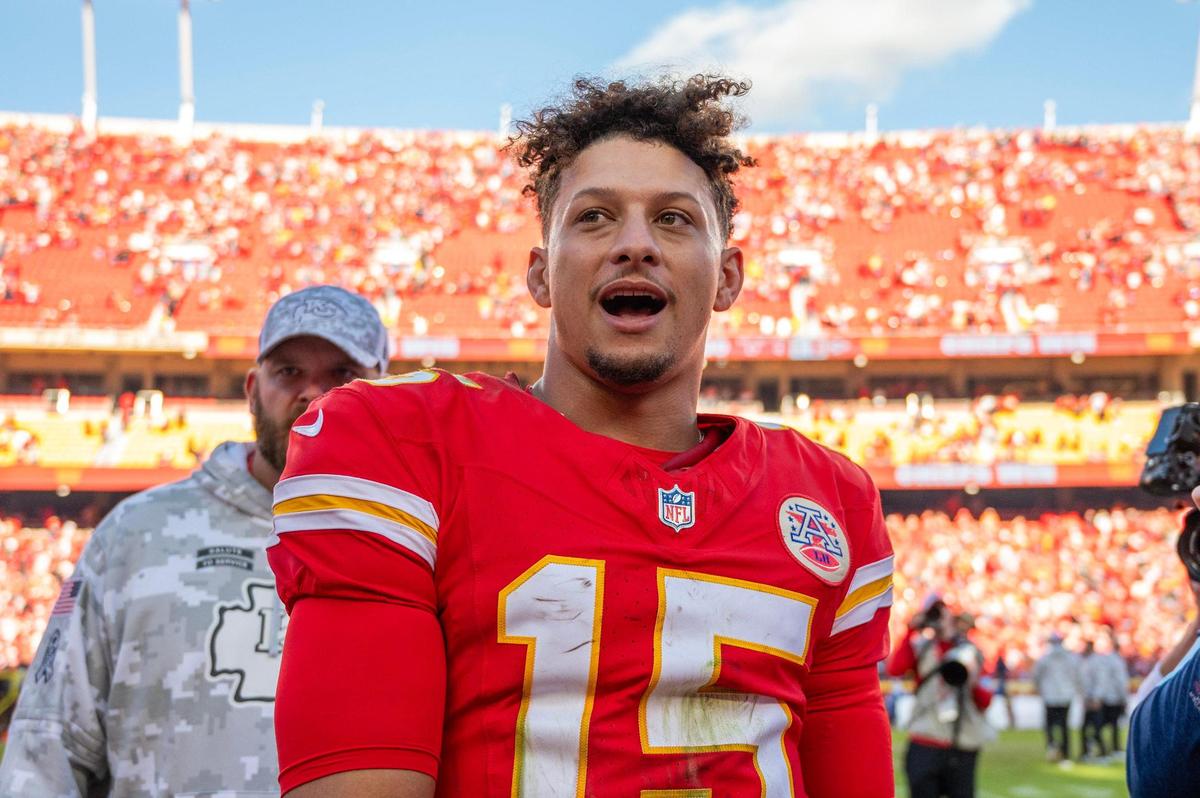 Kansas City Chiefs quarterback Patrick Mahomes (15) mumbles “Wow” while walking off the field following the Chiefs’ 16-14 victory over the Denver Broncos during an NFL game on Sunday, Nov. 10, 2024, at GEHA Field at Arrowhead Stadium.