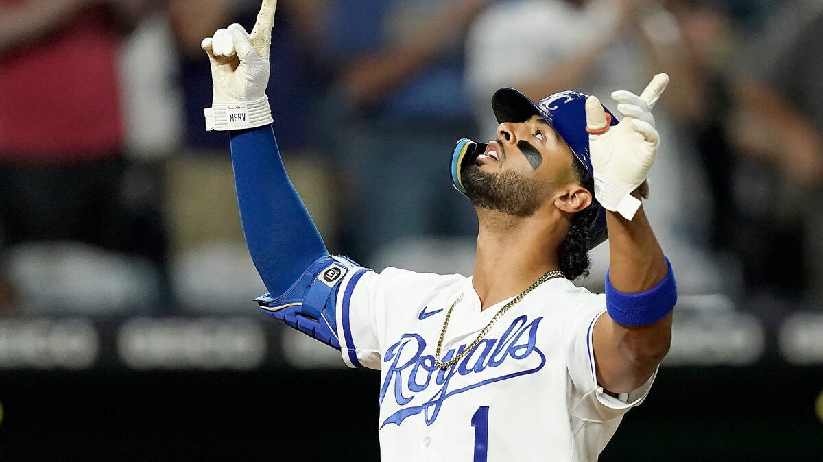 Kansas City Royals’ MJ Melendez (1) celebrates as he crosses the plate after hitting a solo home run during the seventh inning of a baseball game against the Chicago White Sox Wednesday, Aug. 10, 2022, in Kansas City, Mo. (AP Photo/Charlie Riedel)