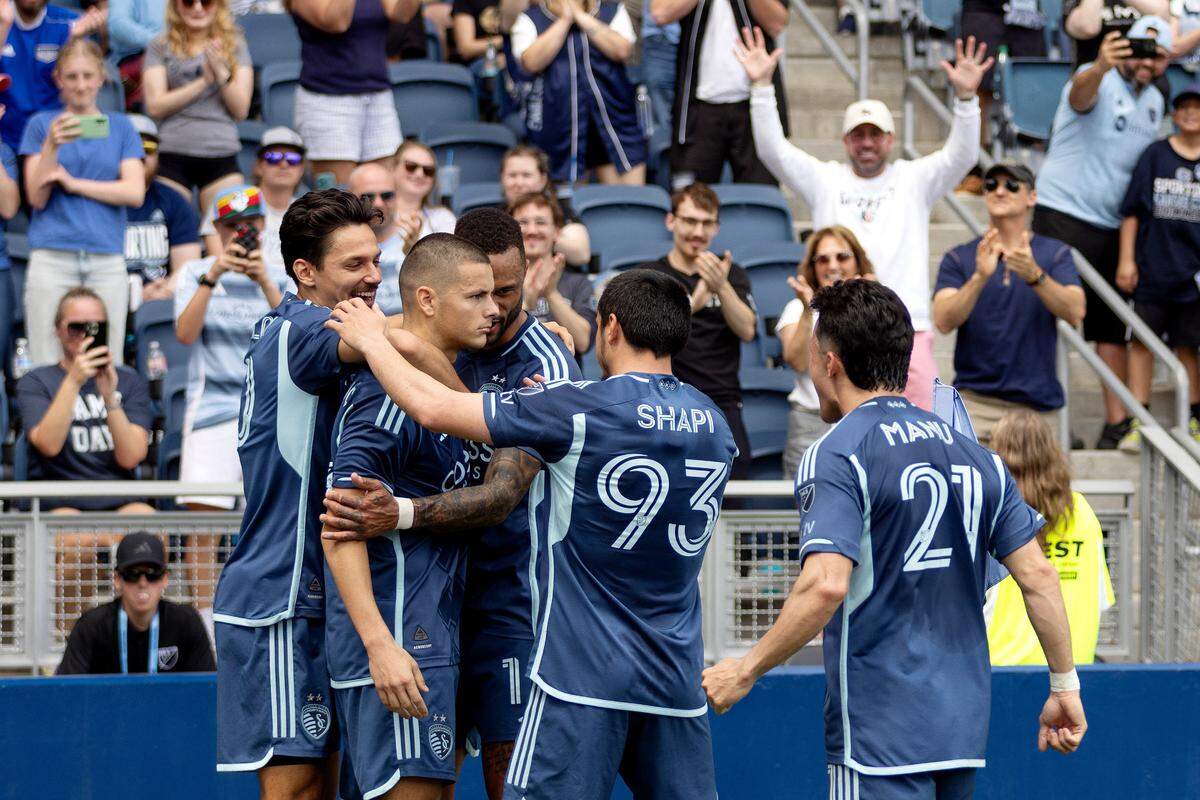 Sporting KC players celebrate after a goal by Dejan Jovelijic during a Major League Soccer match at Children’s Mercy Park in Kansas City, Kan., on Sunday, April 13, 2025.