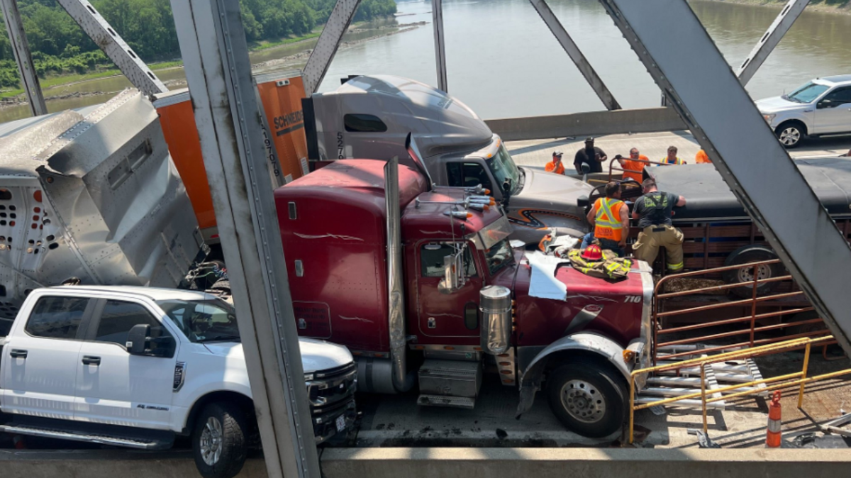 One person was injured and at least four cows died following a five-vehicle crash on the Missouri River Bridge near Columbia, involving a cattle trailer, a semi-truck and three other vehicles.