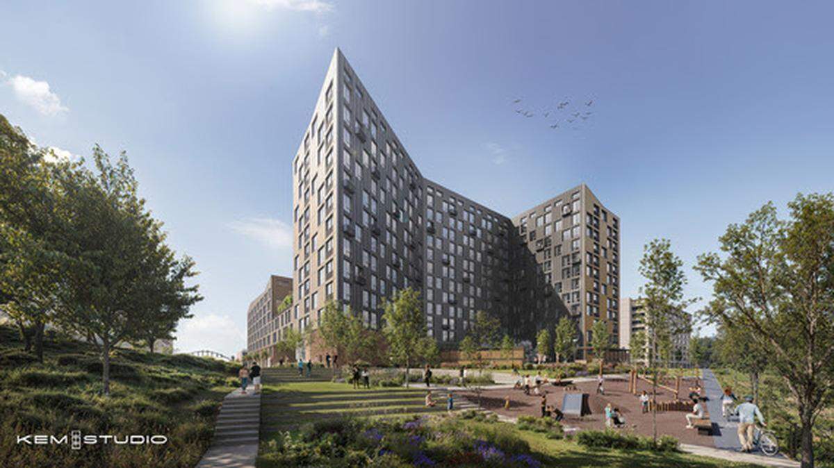 A rendering depicts a 12-story residential tower and adjoining low-rise that developers want to build at Fourth Street and Minnesota Avenue in downtown Kansas City, Kansas.