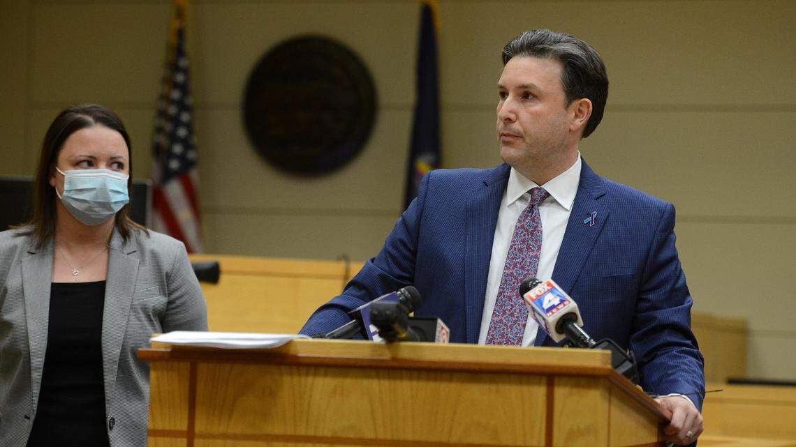 Leavenworth County Attorney Todd Thompson speaks to reporters Tuesday, Oct. 27, 2020, at the Justice Center in Leavenworth, Kansas. Thompson announced a capital murder charge against Donny Jackson, who is accused in the killing of two boys found dead Oct. 24 in Leavenworth.