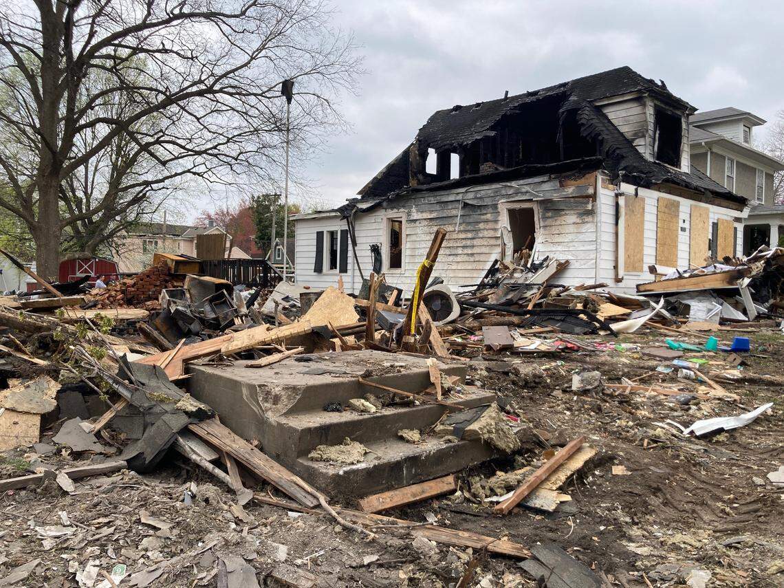 Homes in Lexington, Missouri, were damaged in a gas explosion Wednesday. The concrete steps to the home of Jacob Cunningham, where his son, Alistair Lamb, age 5, was killed. Cunningham and his daughter, Camillia Lamb, 10, were severely burned and remain hospitalized.