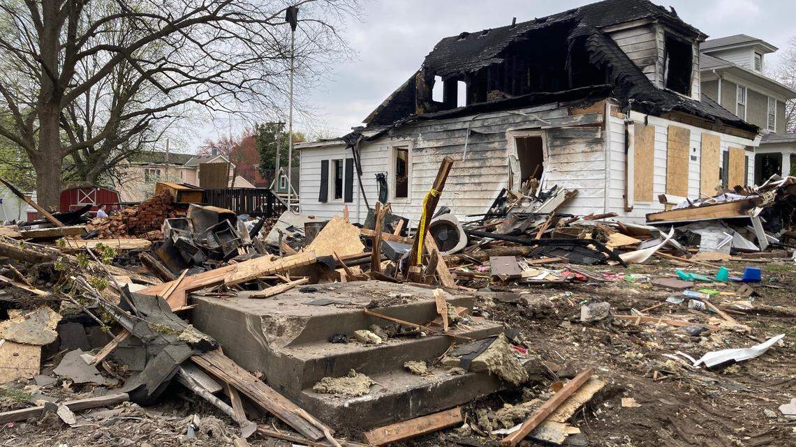 Homes in Lexington, Missouri, were damaged in a gas explosion Wednesday. The concrete steps to the home of Jacob Cunningham, where his son, Alistair Lamb, age 5, was killed. Cunningham and his daughter, Camillia Lamb, 10, were severely burned and remain hospitalized.