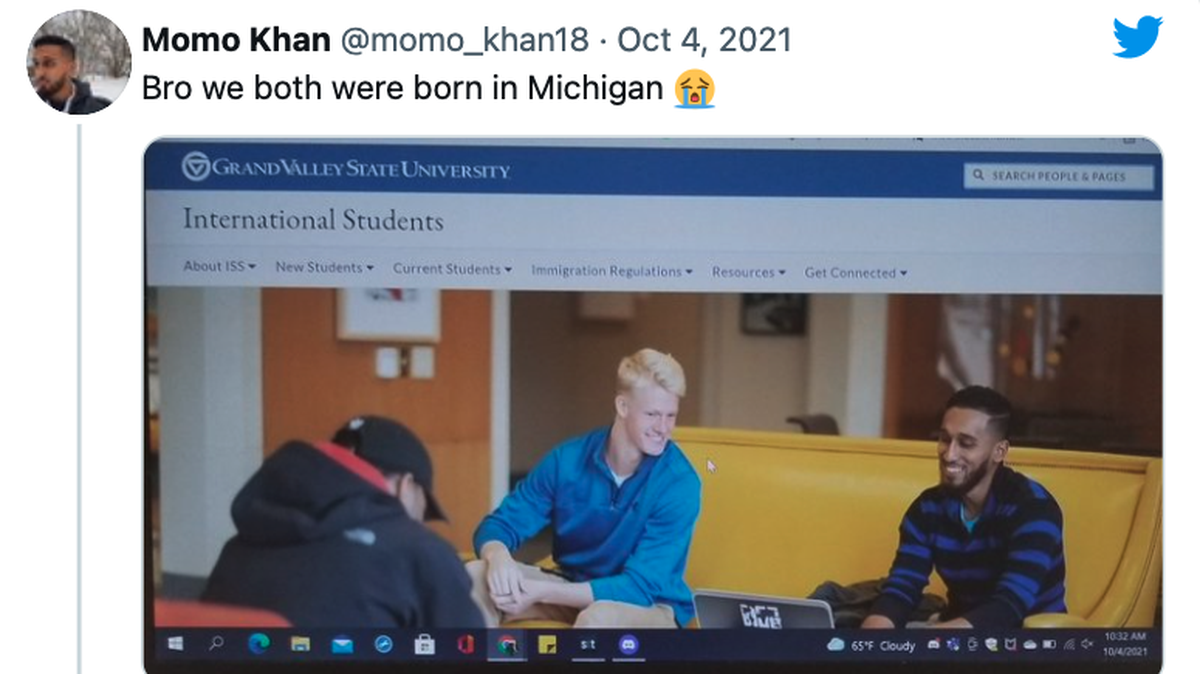 Muhammad Khan said he was portrayed as an international student on Grand Valley State University’s website. He is from Michigan.