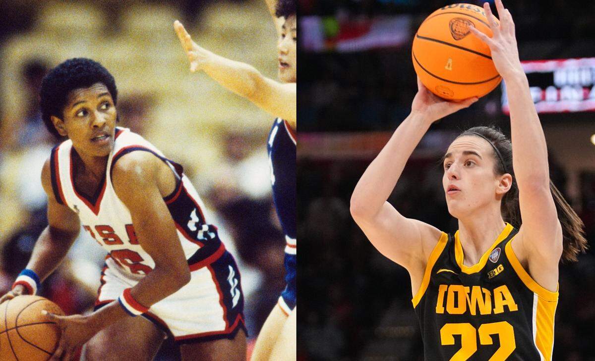 Lynette Woodard, left, starred for the Kansas Jayhawks before the advent of the 3-point shot. She also played with a men’s-sized basketball. Caitlin Clark, right, is the graduating Iowa star who holds the NCAA career-scoring record for women’s hoops.