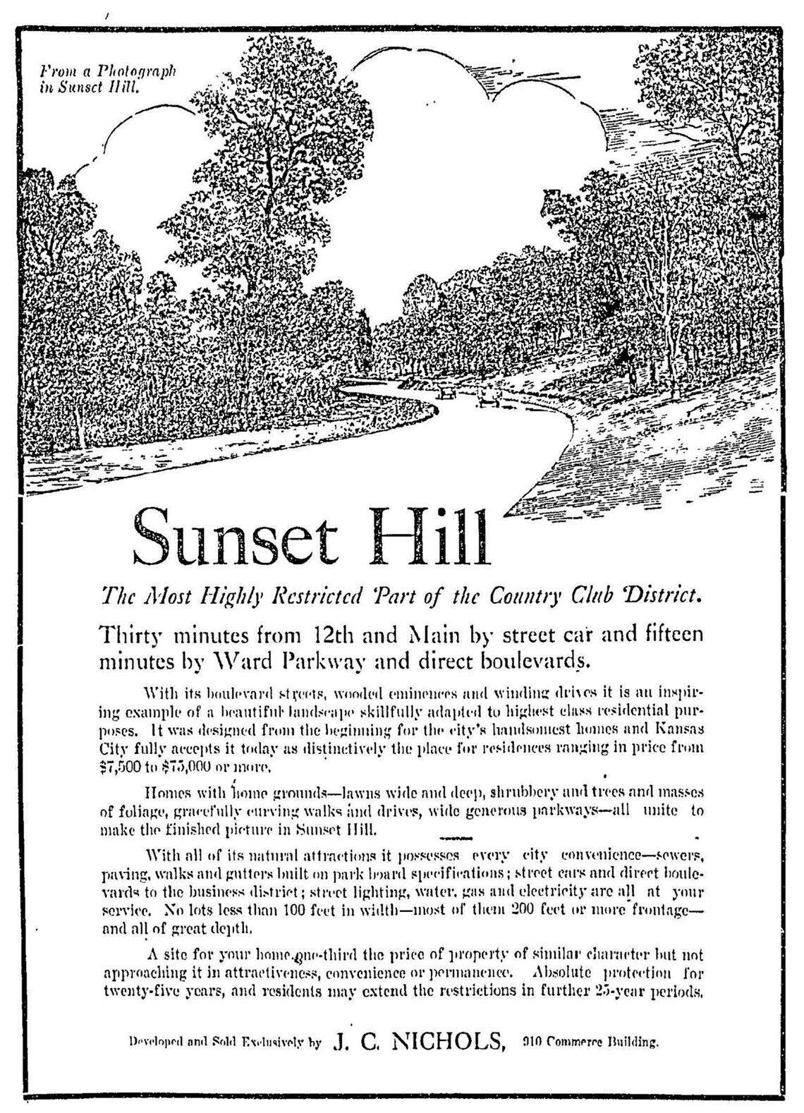 An advertisement in The Star in the early 20th century promotes J.C. Nichols’ Sunset Hill development, billed as “The Most Highly Restricted Part of the Country Club District.”