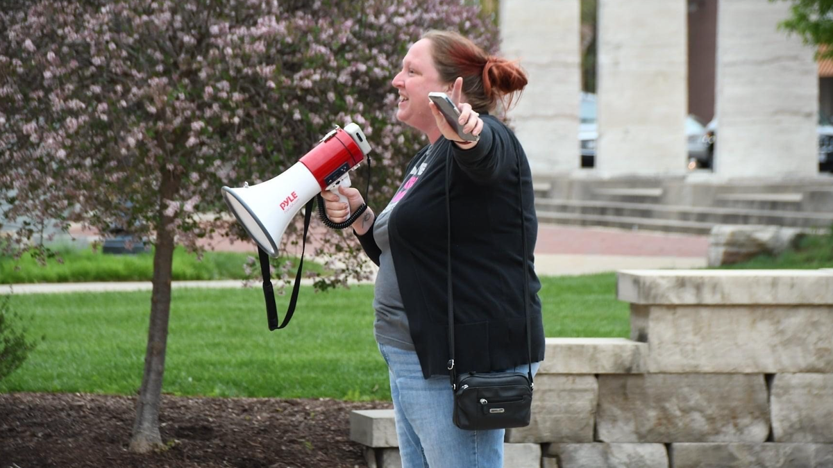 Angela Huntington speaks at a May protest in Columbia, Missouri, in response to the leaked U.S. Supreme Court decision to overturn Roe v. Wade.