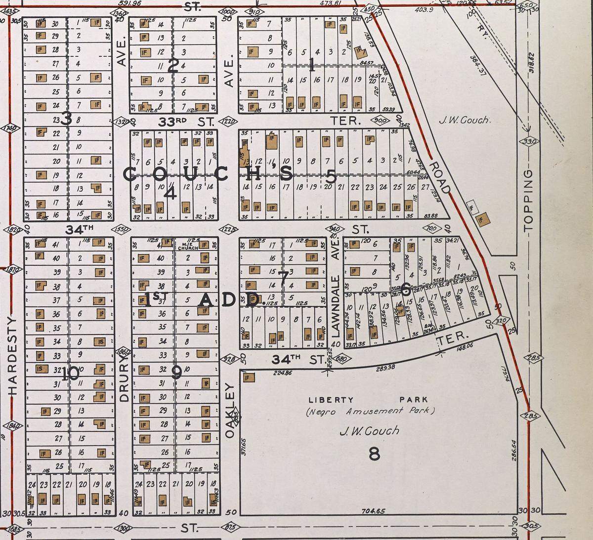 Atlas of Kansas City and Environs, 1925, showing a portion of the Couch’s 1 st Addition subdivision. Liberty Park is identified in the lower right corner.