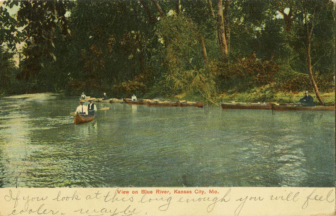 Postcard of canoeists floating the Blue River, dated June 30, 1909.