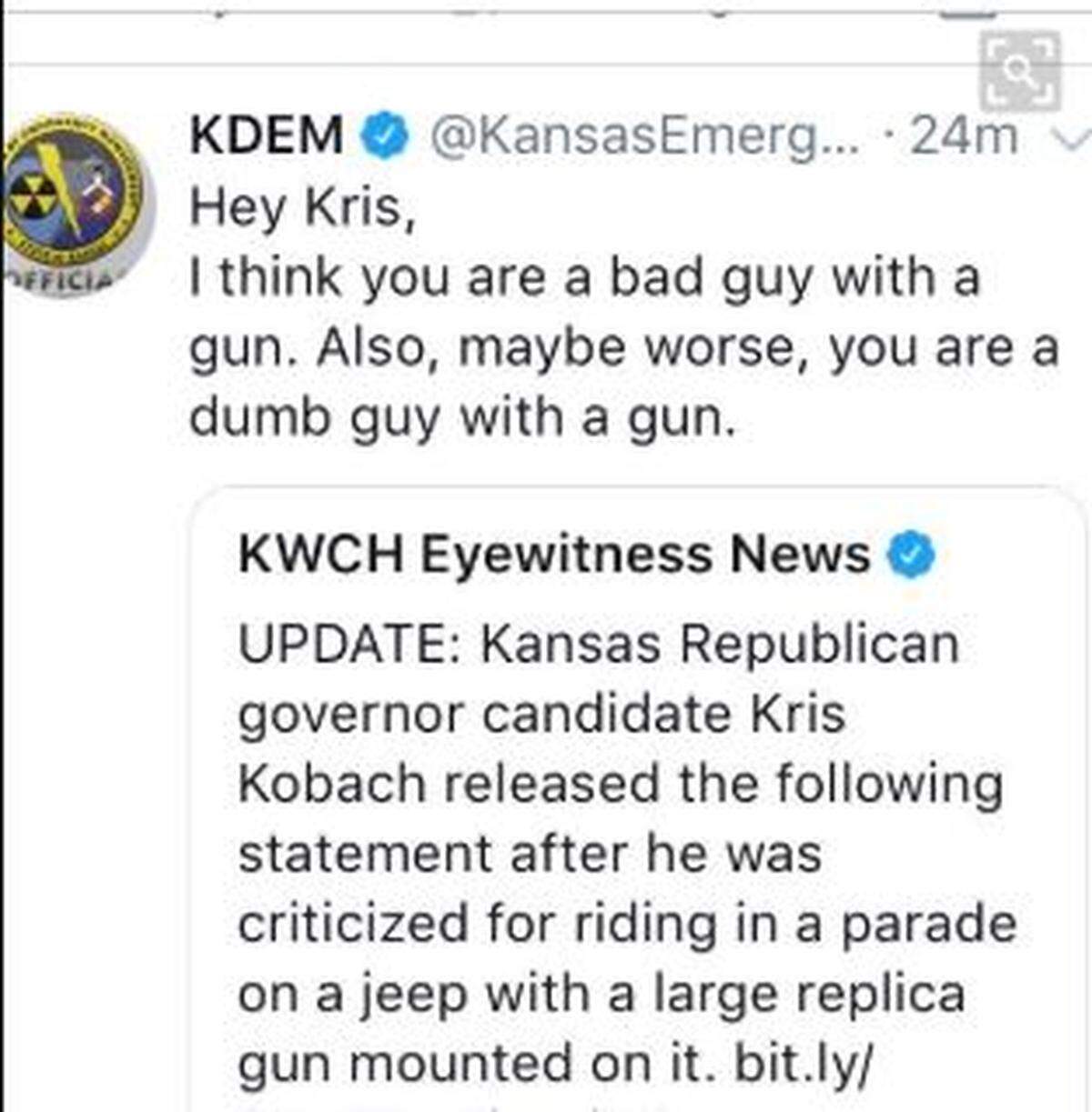 A tweet insulting Kansas Secretary of State Kris Kobach that was posted on the official account of the Kansas Division of Emergency Management was the result of a hacker, officials said Sunday, June 3, 2018.