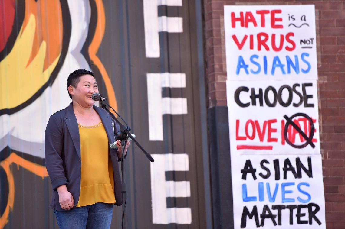 Emily Weber, the first Asian American woman to serve in the Missouri General Assembly, spoke at the vigil. On Sunday, March 28, 2021, about 500 people turned out in the West Bottoms’ Cafe Cà Phê to honor the victims of the Atlanta-area mass shooting of mostly Asian women March 16.